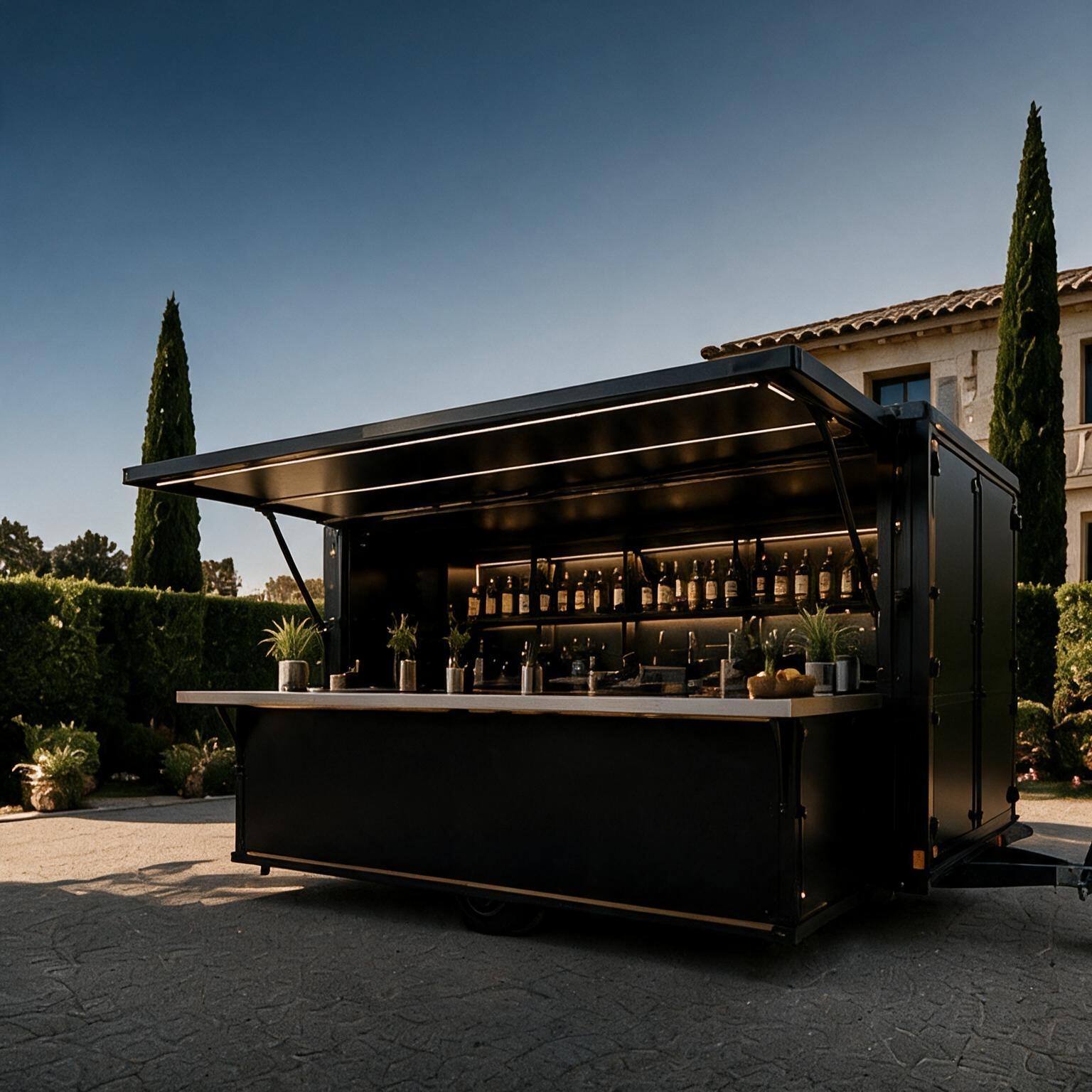 Bar KIOS installé devant une villa au coucher du soleil